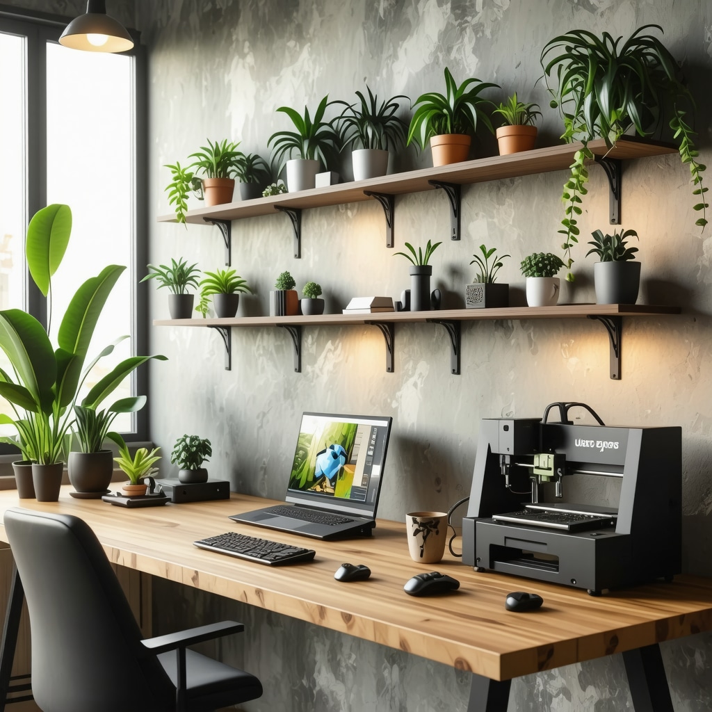 Espace de travail DIY moderne avec matériaux composites écologiques, imprimante 3D, découpe laser, et éclairage LED innovant