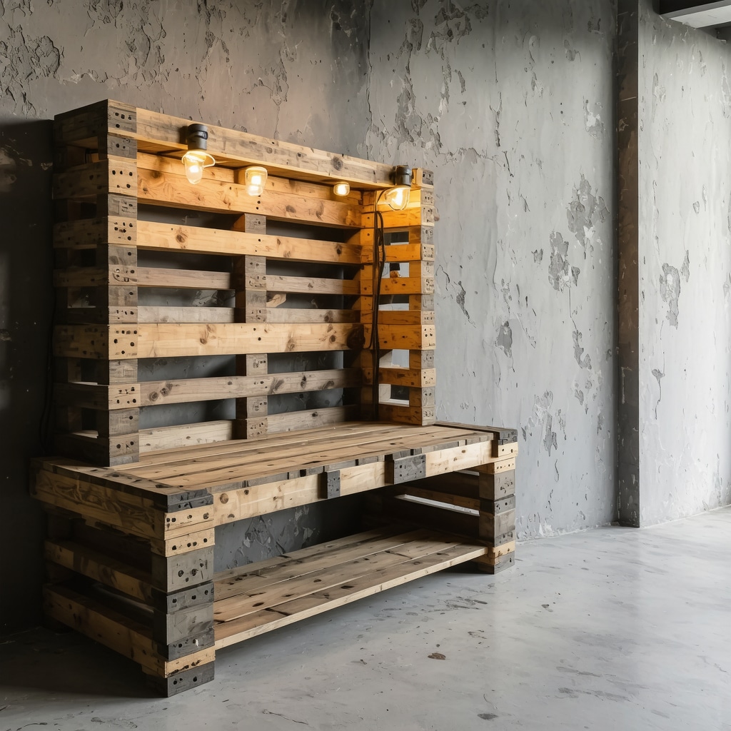 Atelier montrant la fabrication de meubles en palette avec assemblages magnétiques, matériaux mixtes et éclairage LED