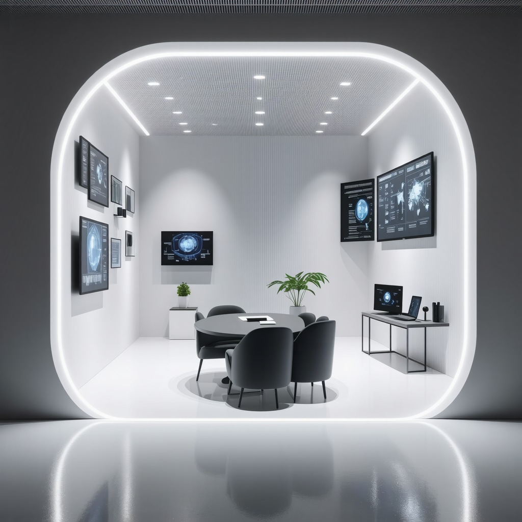 Atelier futuriste montrant impression 3D et design paramétrique pour meubles d'entrée sur mesure avec visualisation blockchain