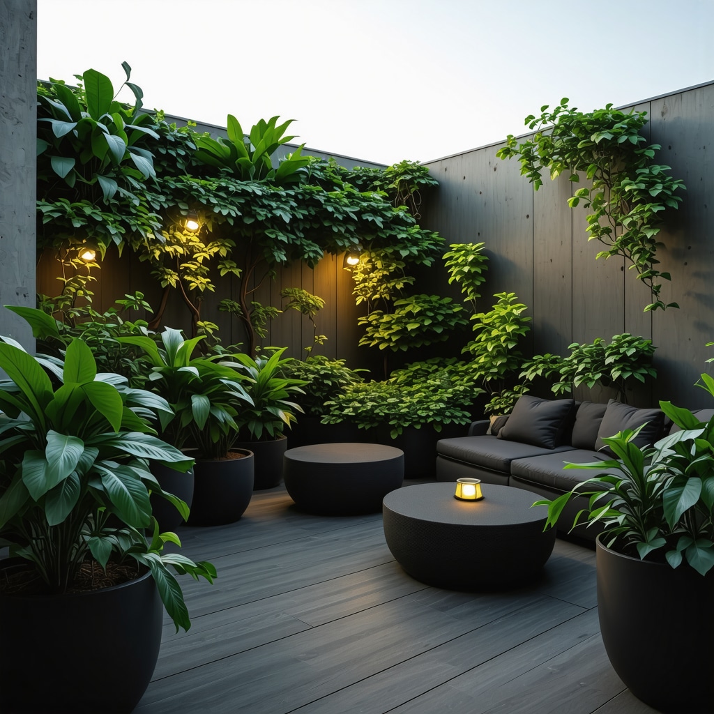 Petit balcon urbain équipé de domotique discrète et de végétalisation verticale luxuriante avec mobilier modulable