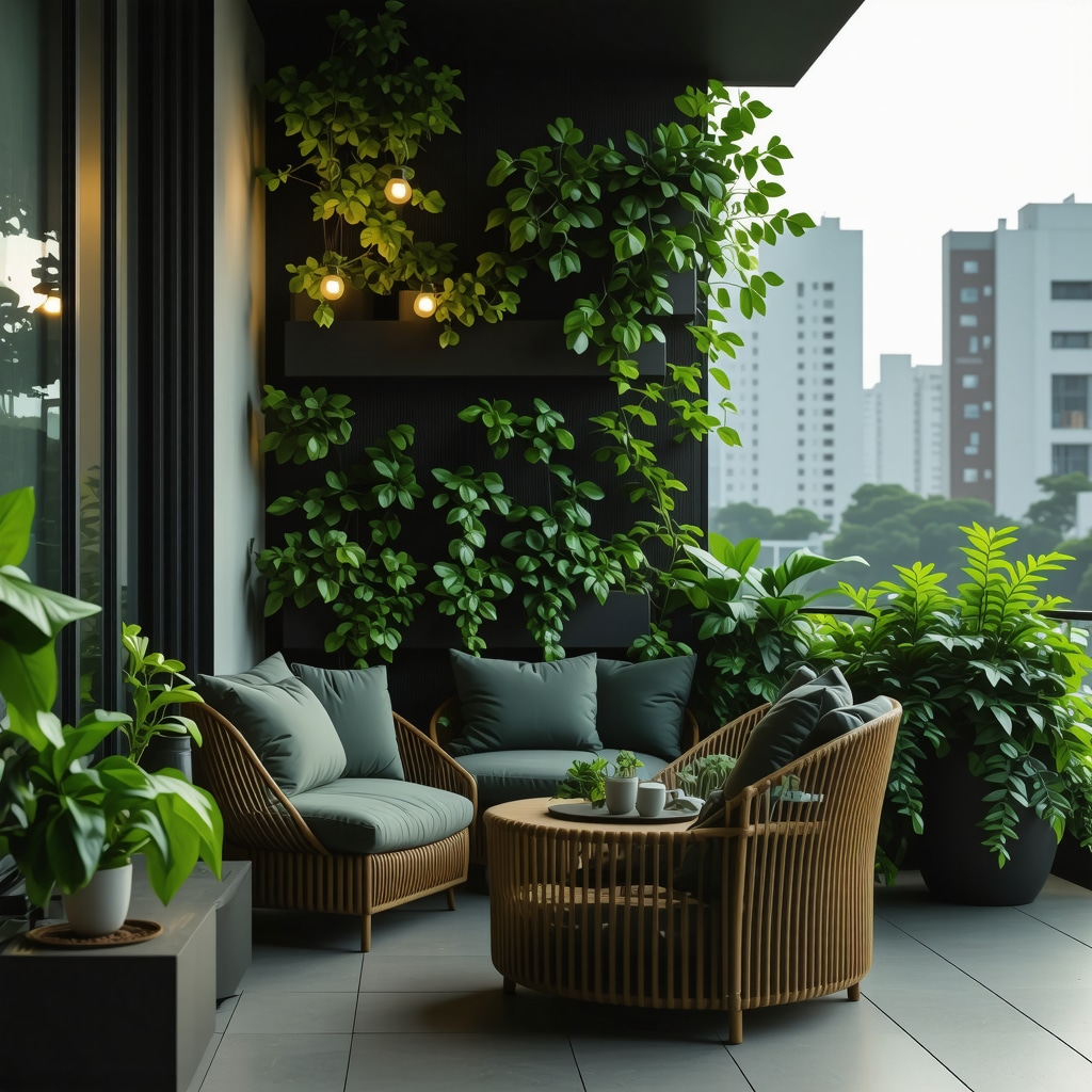 Petit balcon urbain aménagé avec jardin vertical, mobilier durable en bois, éclairage solaire et plantes aromatiques