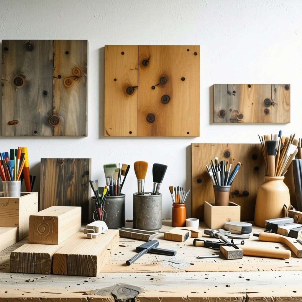 DIY workshop showcasing creative projects made from recycled wood with tools and warm lighting