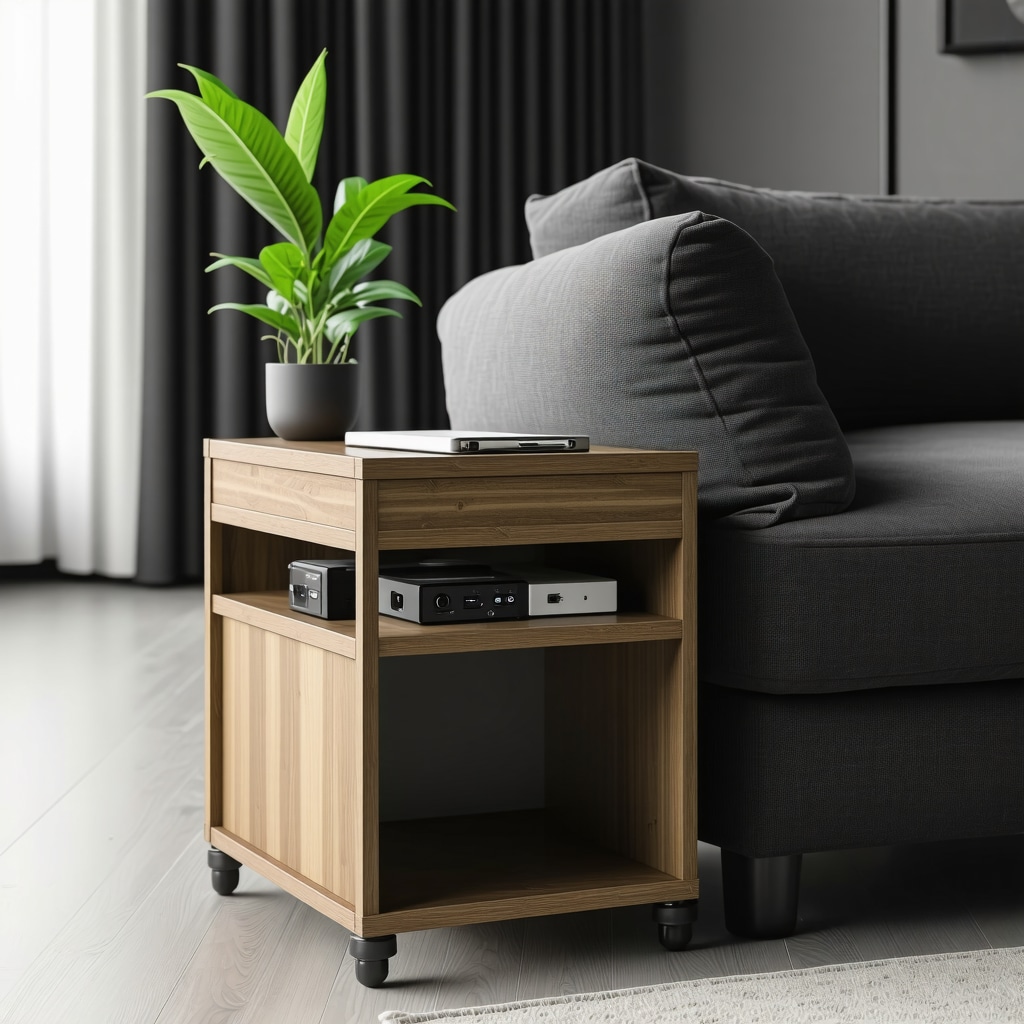 A modern DIY multifunctional wooden side table with USB ports and LED lighting