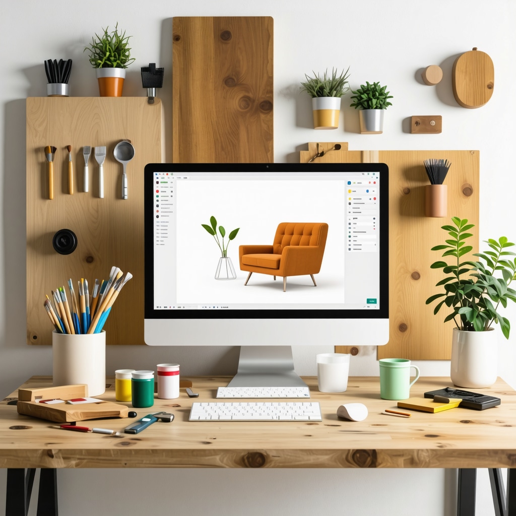 Modern DIY workspace featuring woodworking tools, eco-friendly paints, and 3D design software on a computer screen