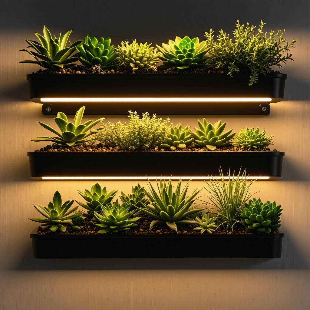 Petit balcon urbain avec éclairage LED intégré et système d'arrosage automatisé visible, plantes succulentes et graminées ornementales