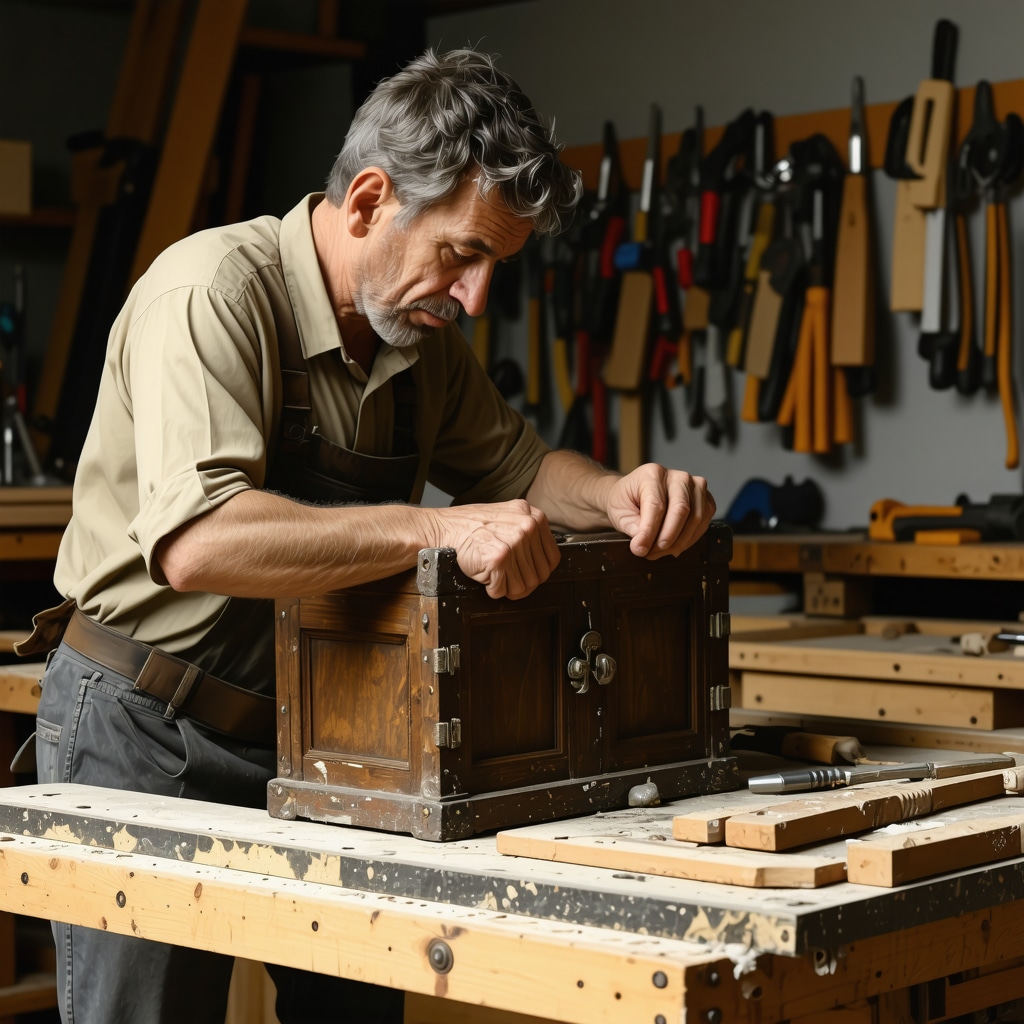 Craftsman restoring antique wooden cabinet with advanced tools and eco-friendly materials