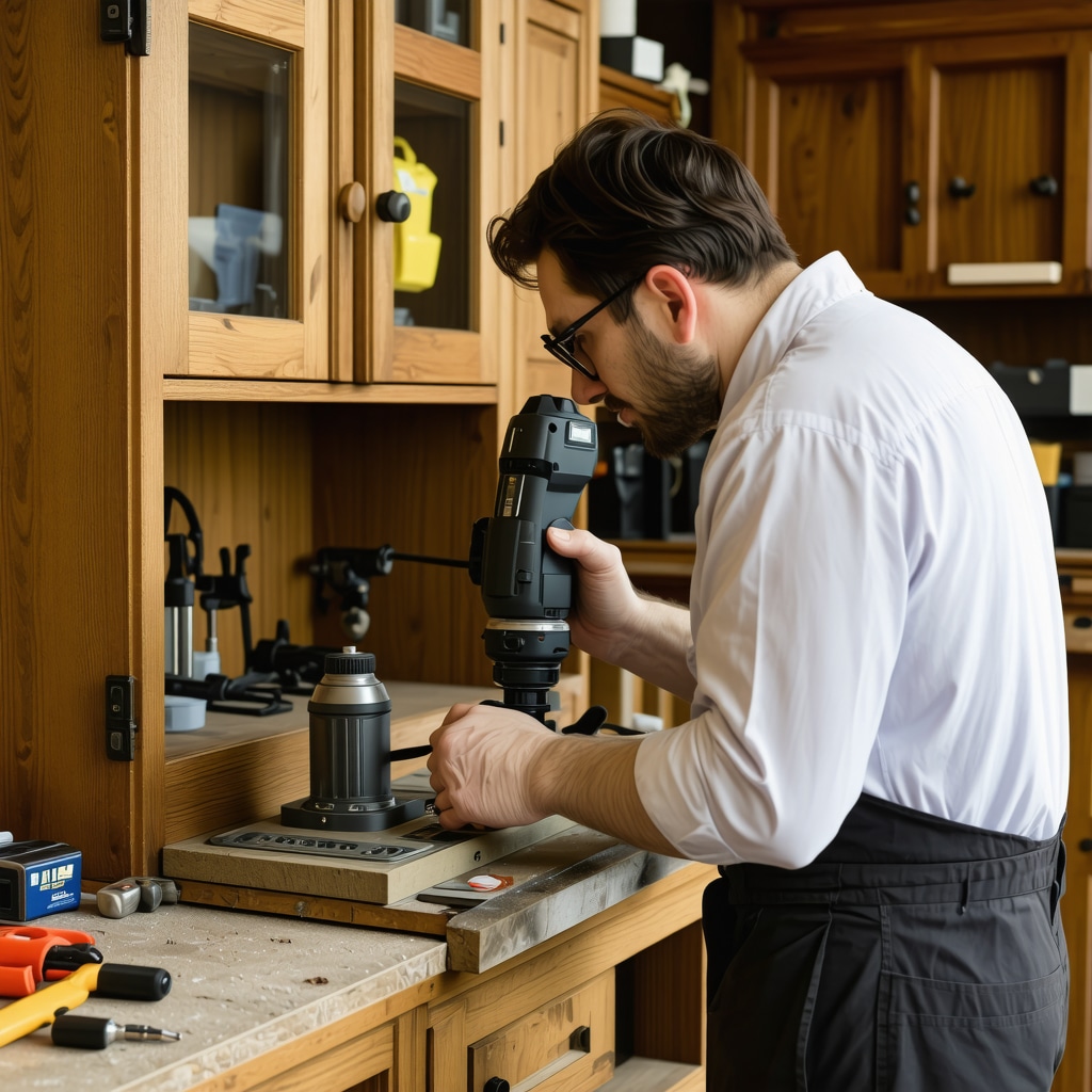 Craftsman restoring antique furniture with 3D scanner and epoxy resin in workshop