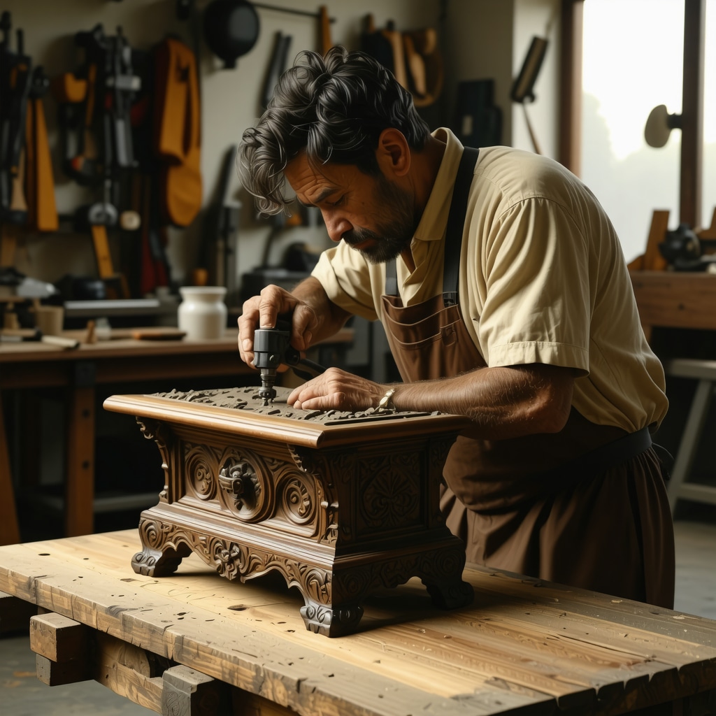 Craftsman performing precision laser restoration on an antique wooden chair in a workshop