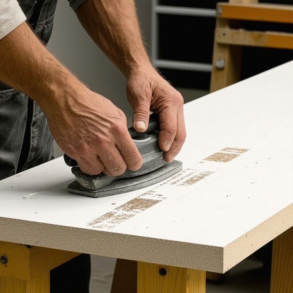 Détail d’une finition experte sur meuble en matériaux composites recyclés dans un atelier DIY