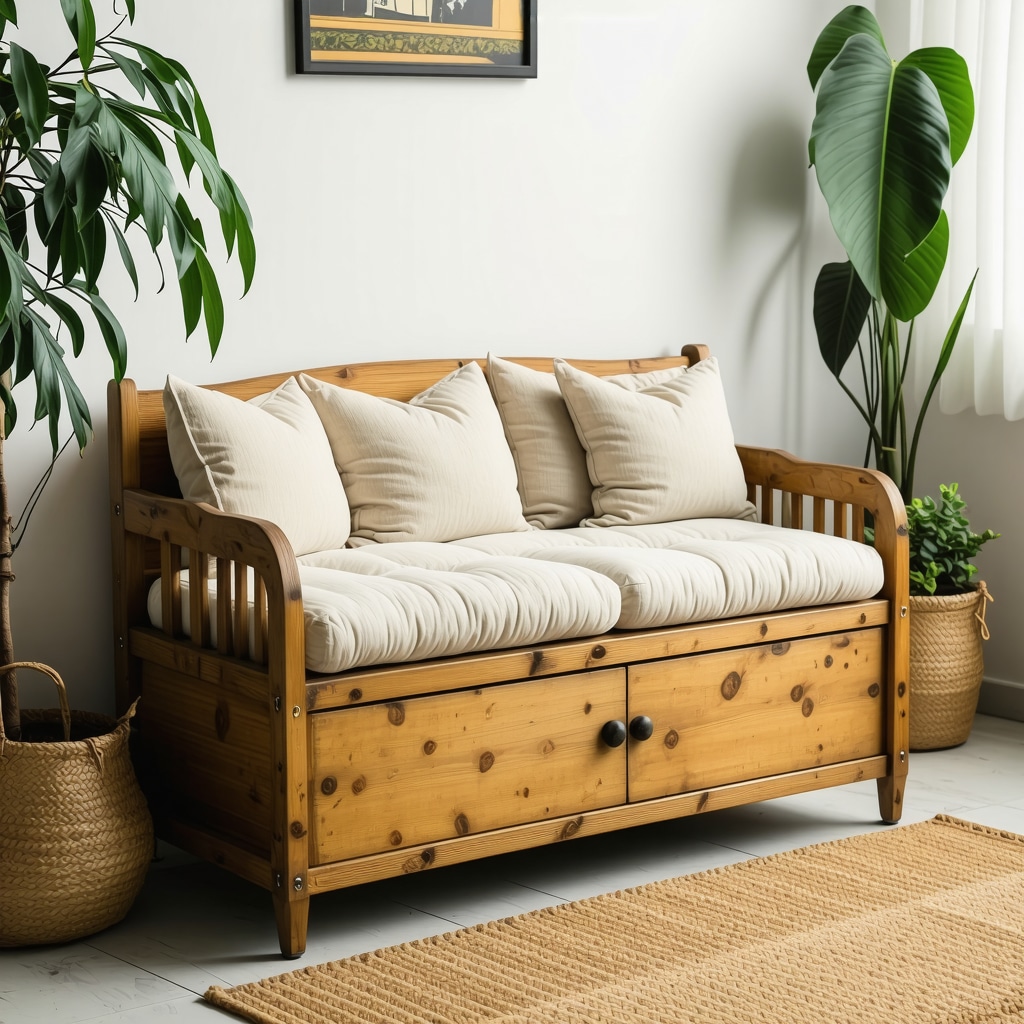 Wooden storage bench with cushions and decorative handles in a bright room