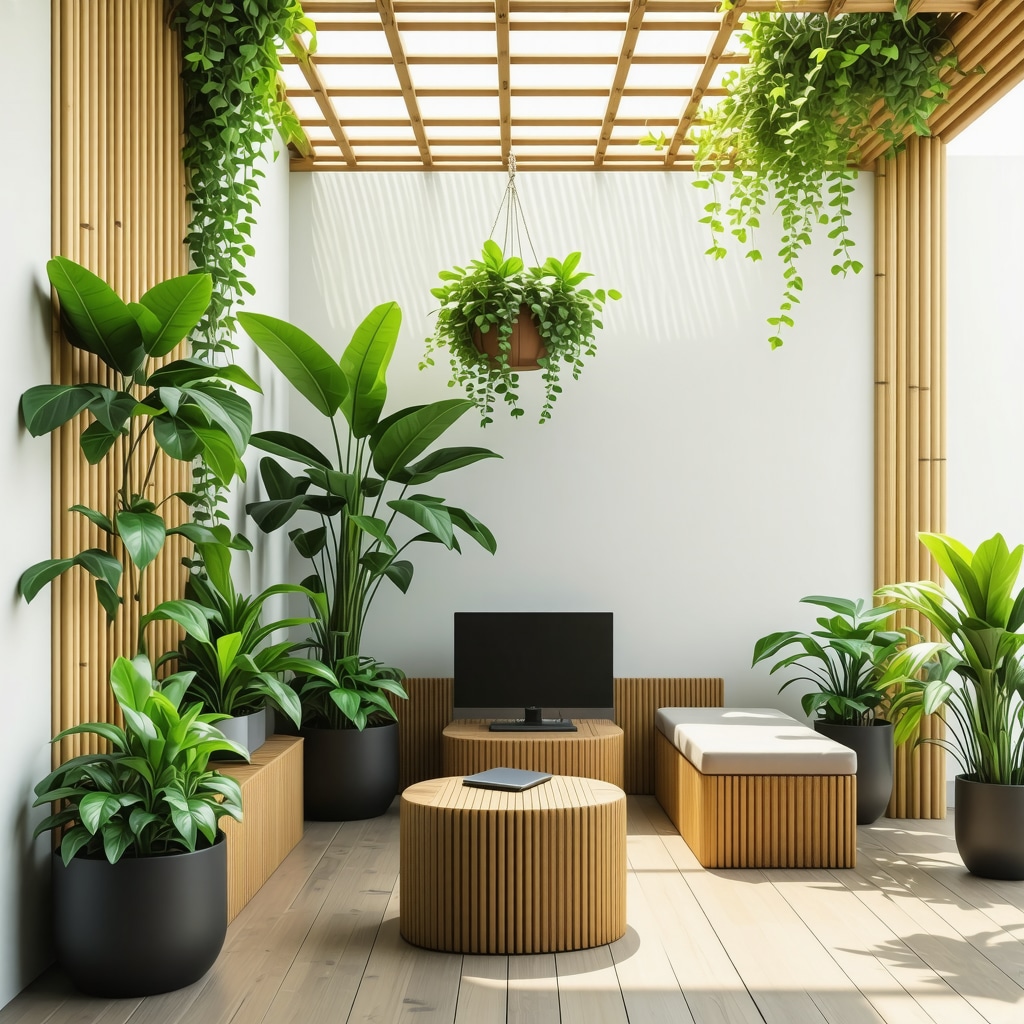 Garden with bamboo trellis, recycled composite furniture, and smart irrigation sensors