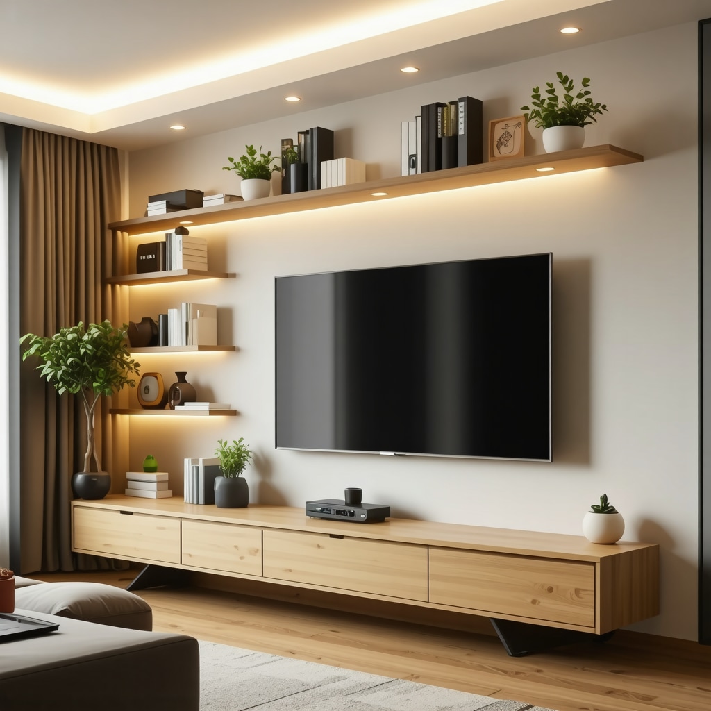 Meuble TV mural DIY moderne avec éclairage LED, gestion invisible des câbles, étagères modulaires et commandes domotiques intégrées