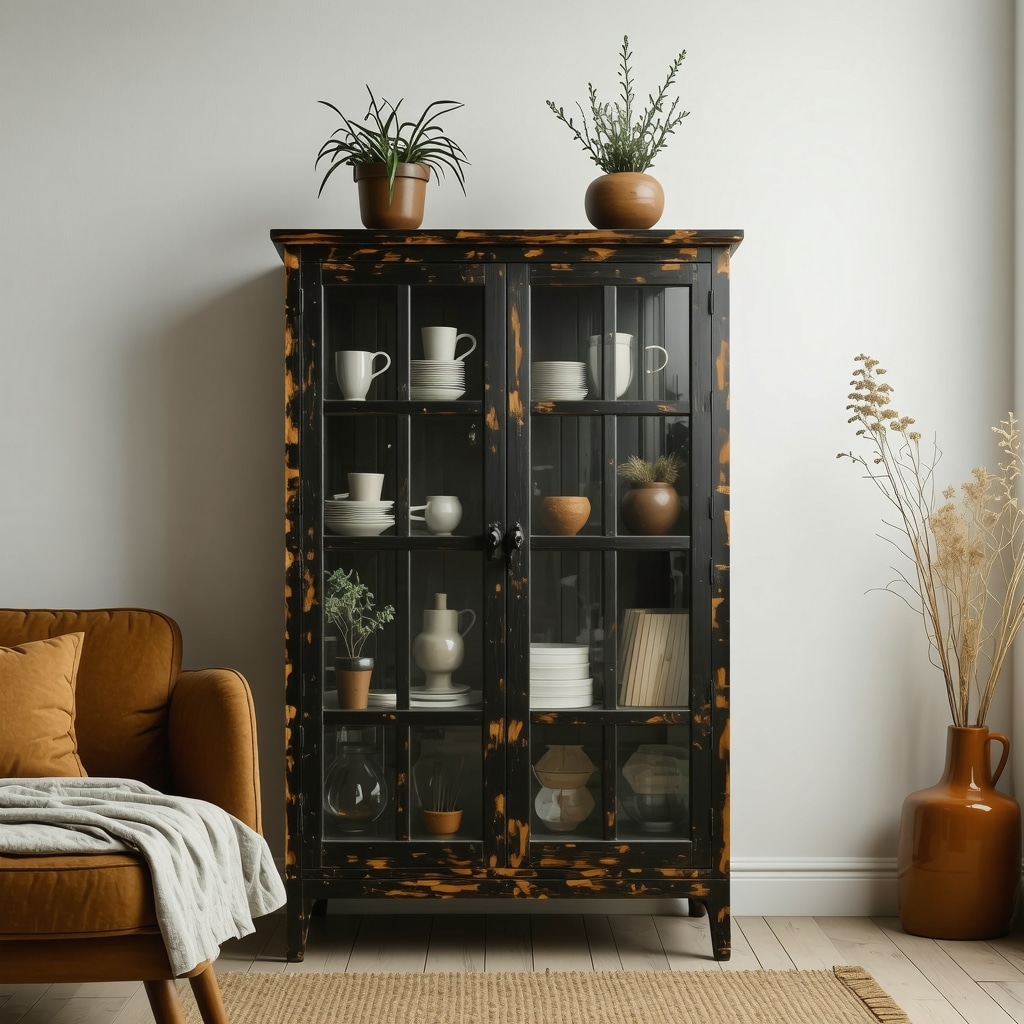 Meuble ancien restauré combinant patine vintage et accents modernes en métal dans un salon compact