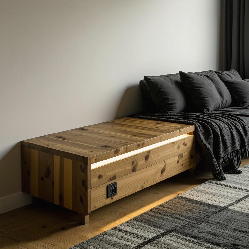 Meuble banc en bois moderne avec assemblage invisible, éclairage LED et ports USB intégrés