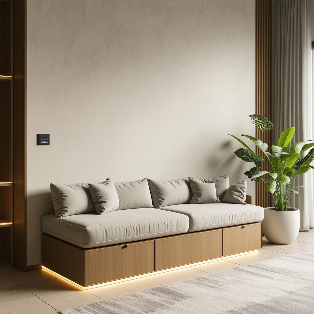 Meuble banc de rangement sur-mesure en bois avec assemblage invisible, éclairage LED et ports USB intégrés