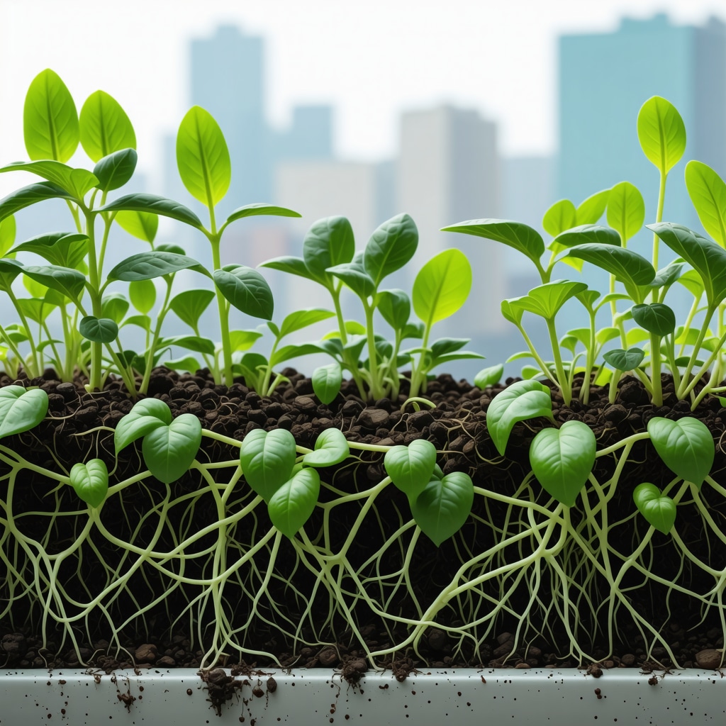 Illustration of microbiomes interacting with plant roots and sensors on an urban balcony herb garden