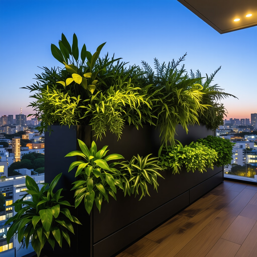 Balcon urbain avec mini-potager utilisant des capteurs d'humidité, éclairage LED horticole et supports verticaux pour plantes diverses