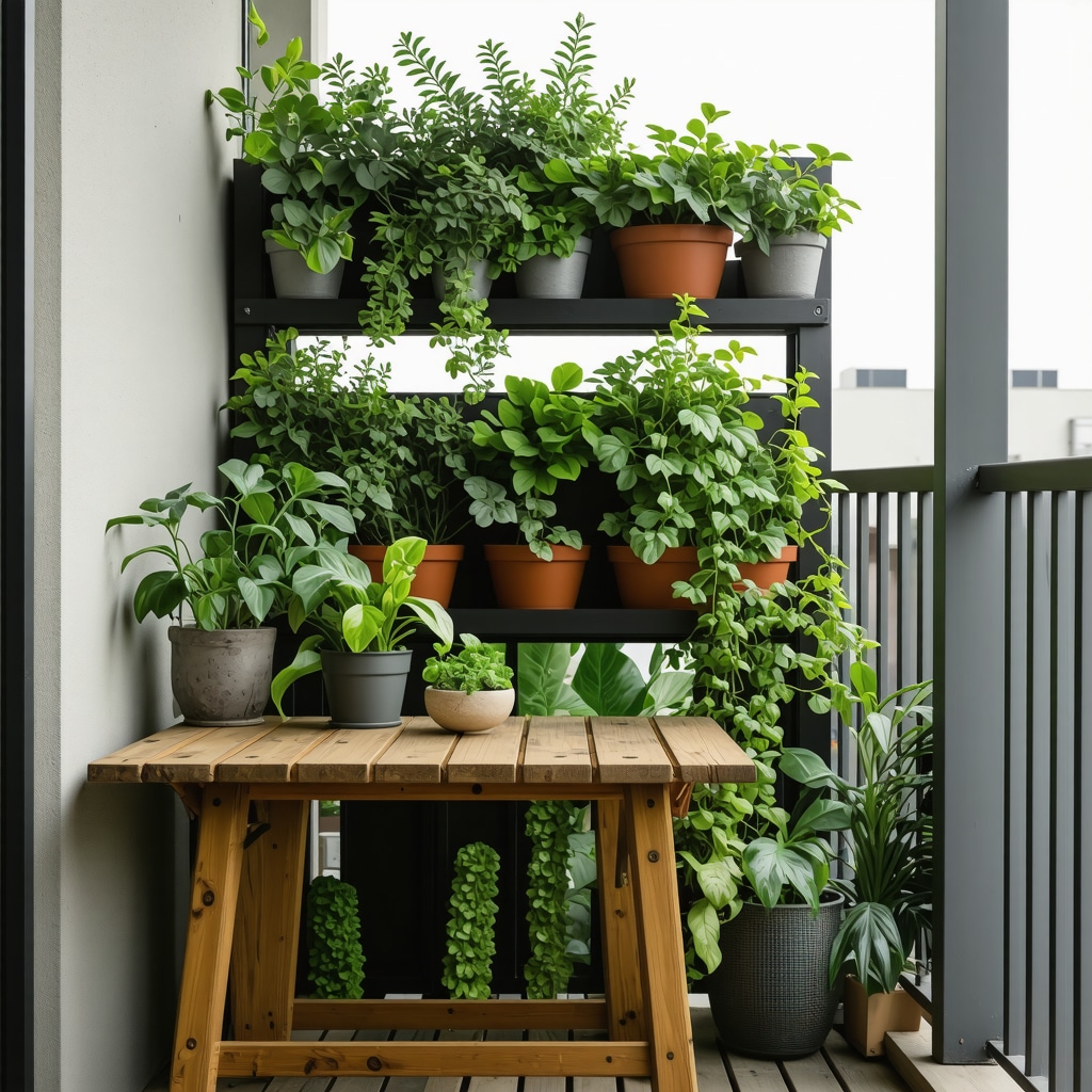 Small urban balcony with foldable wooden furniture, vertical garden with LED grow lights, and handcrafted ceramic pots blending modern and traditional elements