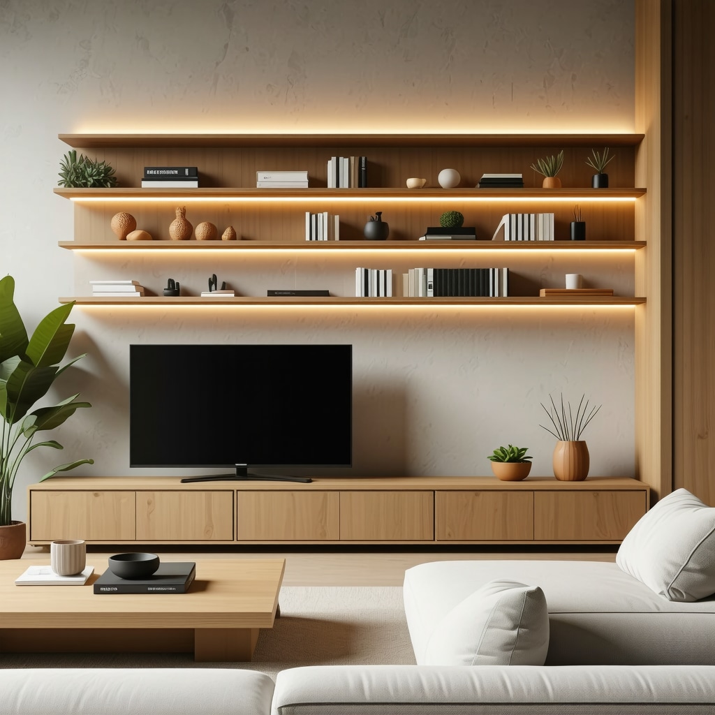 Modern modular wooden shelf featuring advanced joinery, LED lighting, and magnetic connectors in a stylish living room