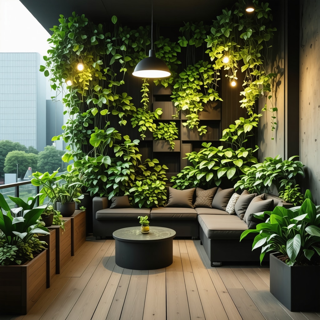 Small urban balcony with vertical garden, multifunctional furniture, natural wood flooring, and LED lighting demonstrating sustainable design