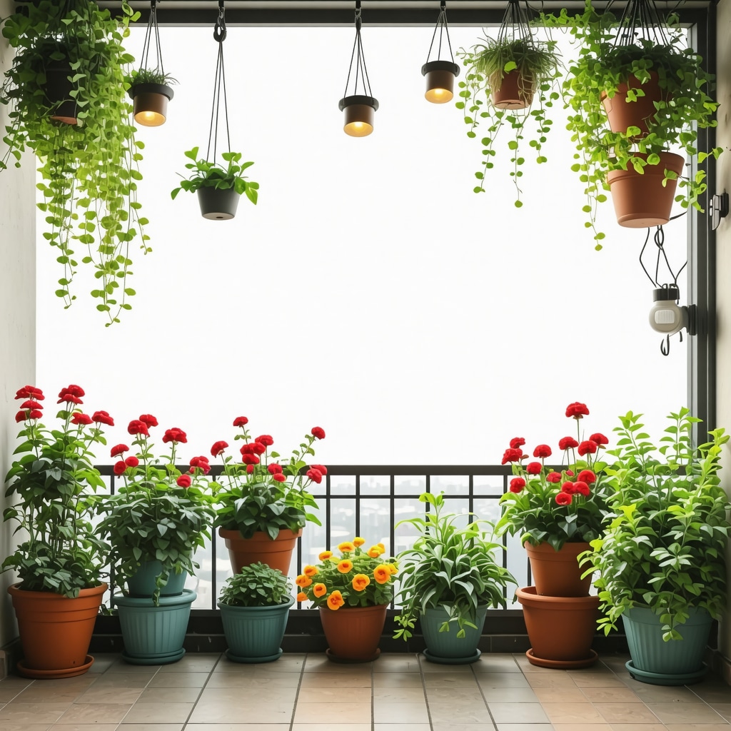 Small urban balcony with hanging plants, colorful flowers, ambient lighting, and textured pots creating a cozy, eco-friendly atmosphere