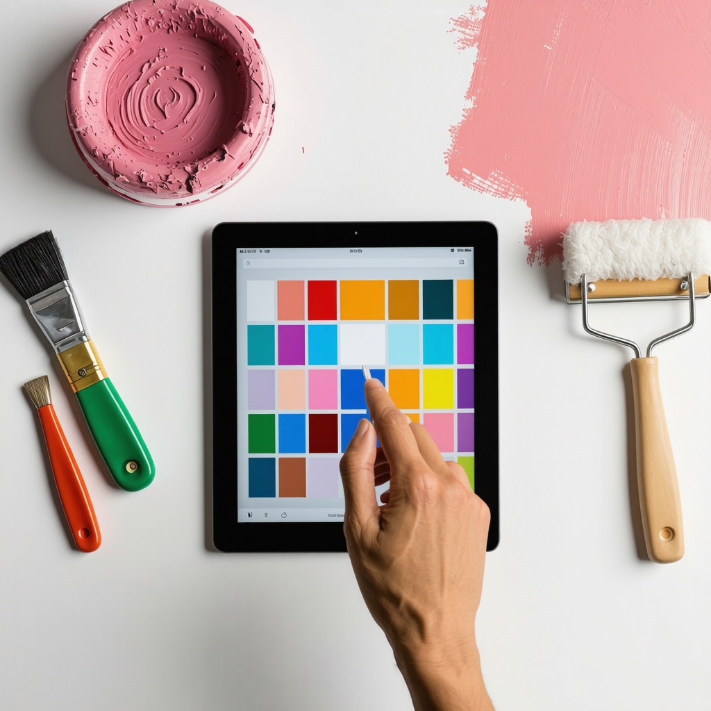 Painter using tablet with augmented reality app to preview paint colors on wall