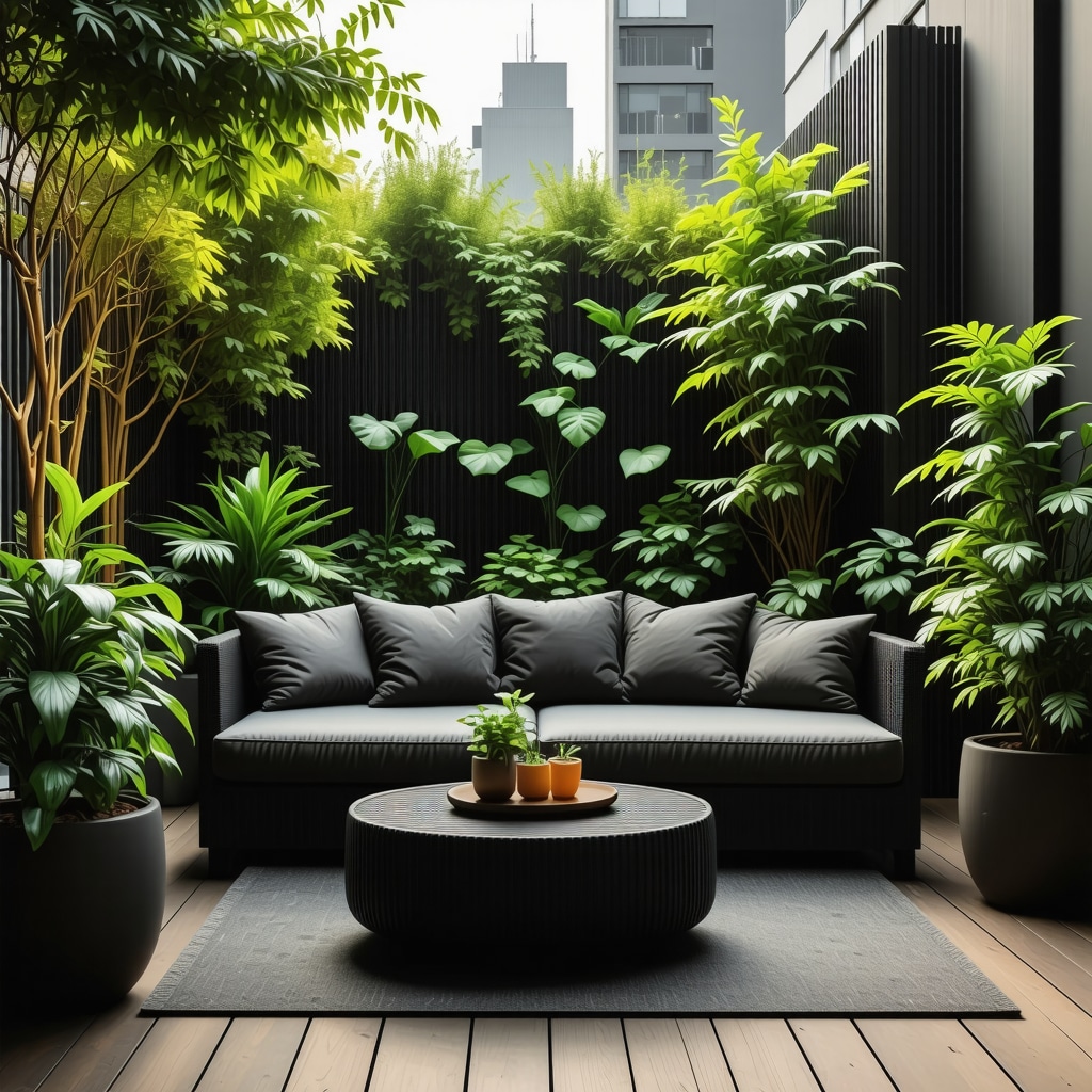 Cozy small balcony with vertical garden, modular furniture, and bamboo privacy screens illuminated by soft LED lights in the evening