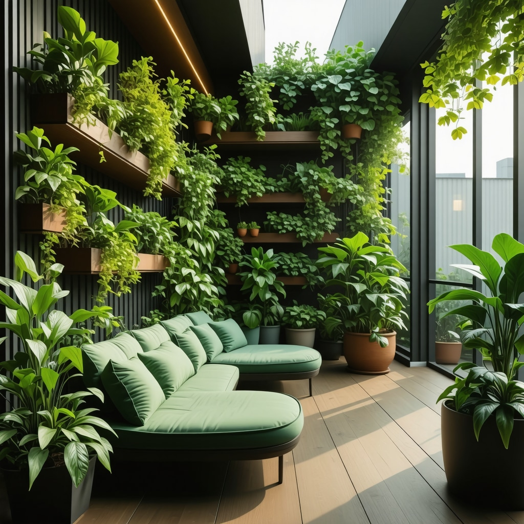 Small city balcony featuring smart irrigation sensors, LED lights, modular furniture, vertical garden, and smartphone monitoring for sustainable gardening