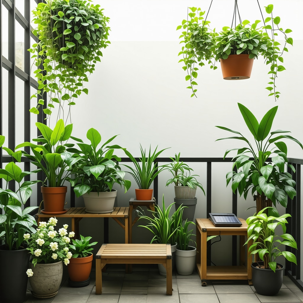 Small urban balcony with purifying plants, solar LED lighting, modular wooden furniture and birdhouse in a sustainable setup