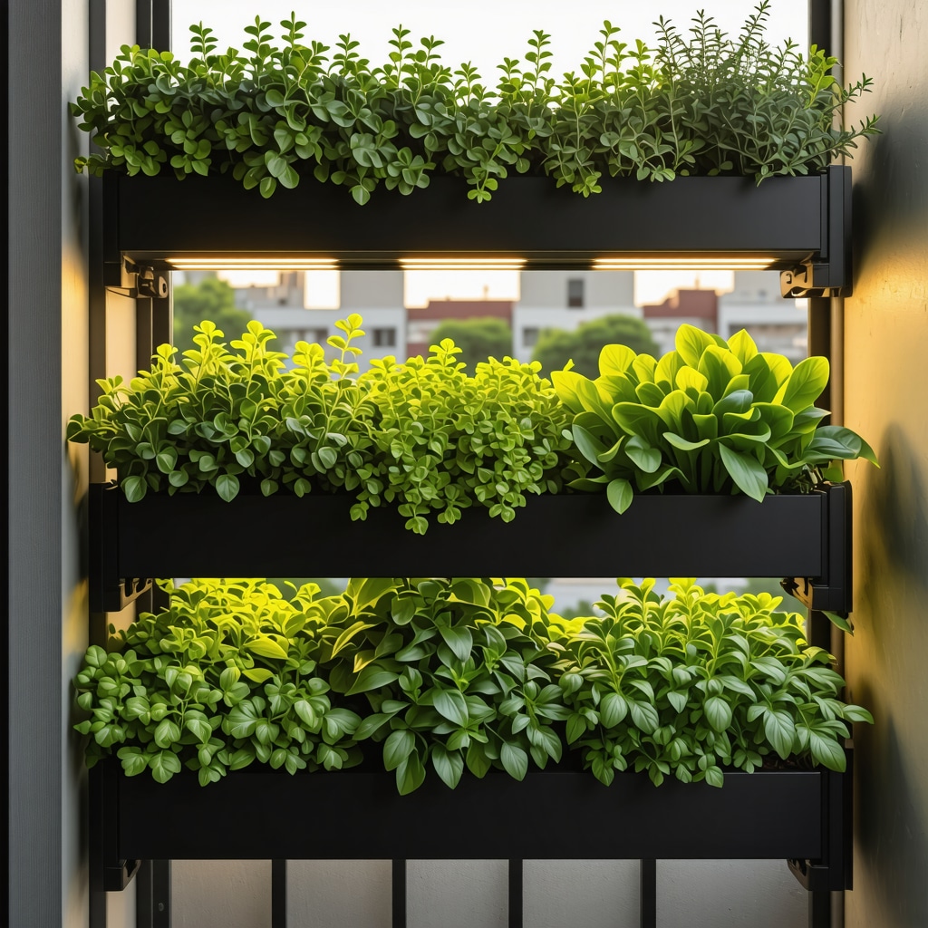 Urban balcony mini-garden with diverse plants, vertical planters, smart irrigation sensors, and LED grow lights at sunset