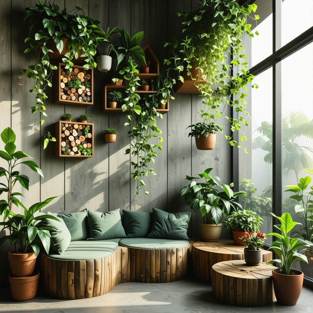 Urban indoor garden corner with recycled wood furniture, vertical plants, and insect hotel