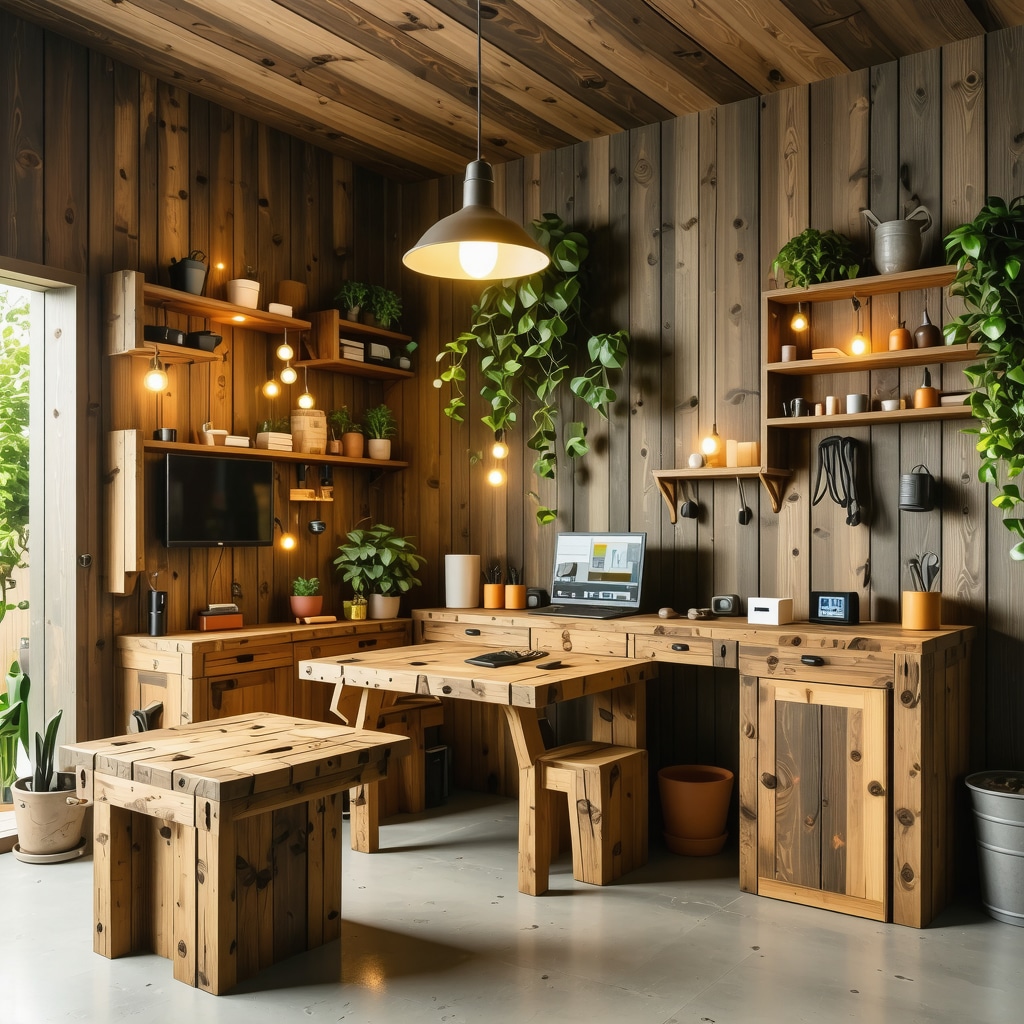 Workshop with recycled wood furniture illuminated by smart LED lights and IoT gadgets