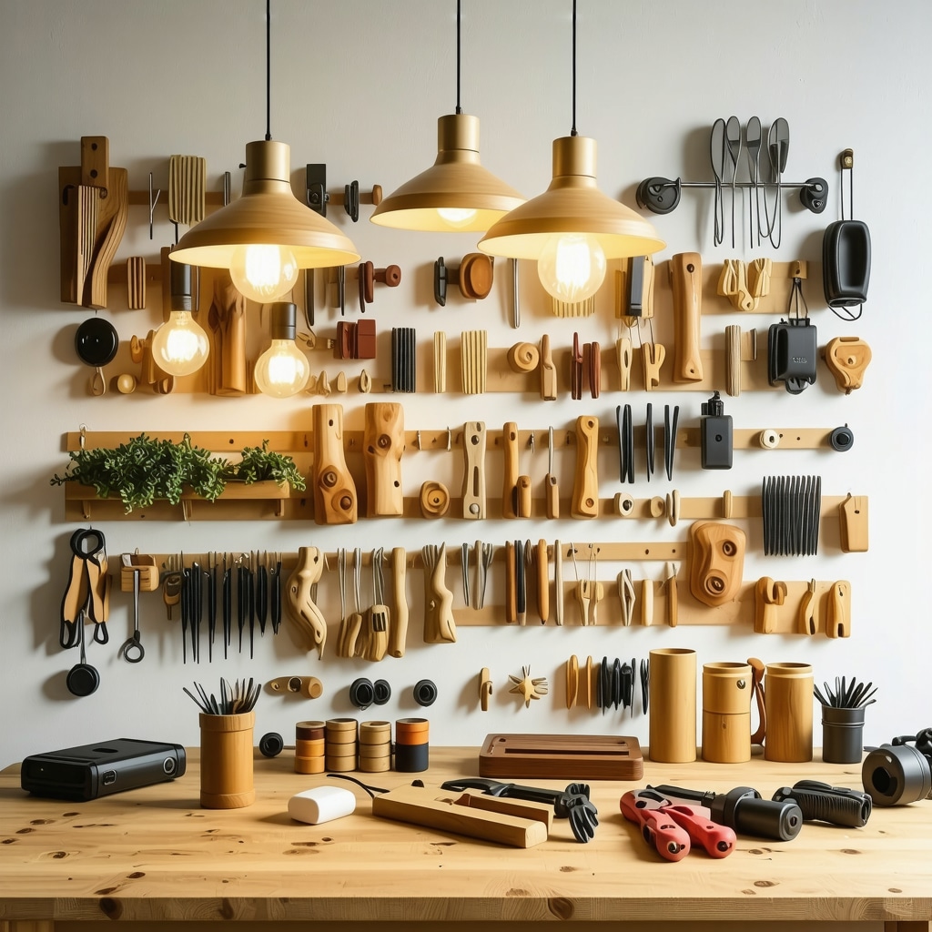 Workshop table with materials and tools for making a modern DIY hanging lamp