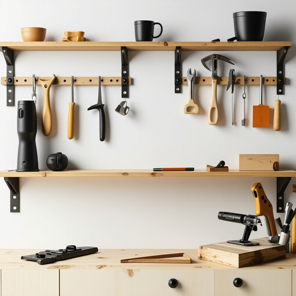 DIY workshop with wood and tools assembling a simple wooden shelf