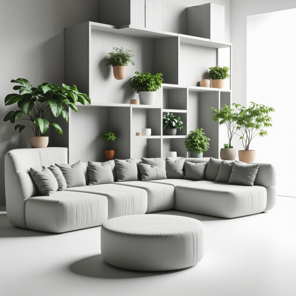 Modern eco-friendly furniture made from recycled wood and materials, showcasing sustainable interior design.
