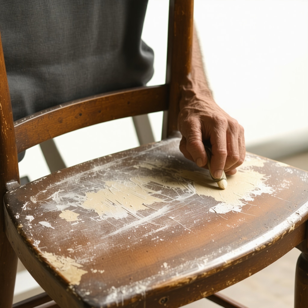 Hands applying wood filler and sanding an antique wooden chair during restoration process
