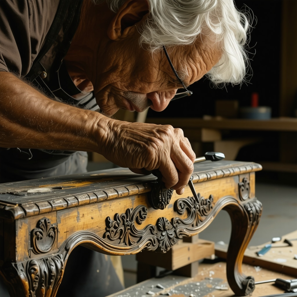 Artisan restoring antique furniture with advanced techniques, detailed close-up, high quality, professional setting