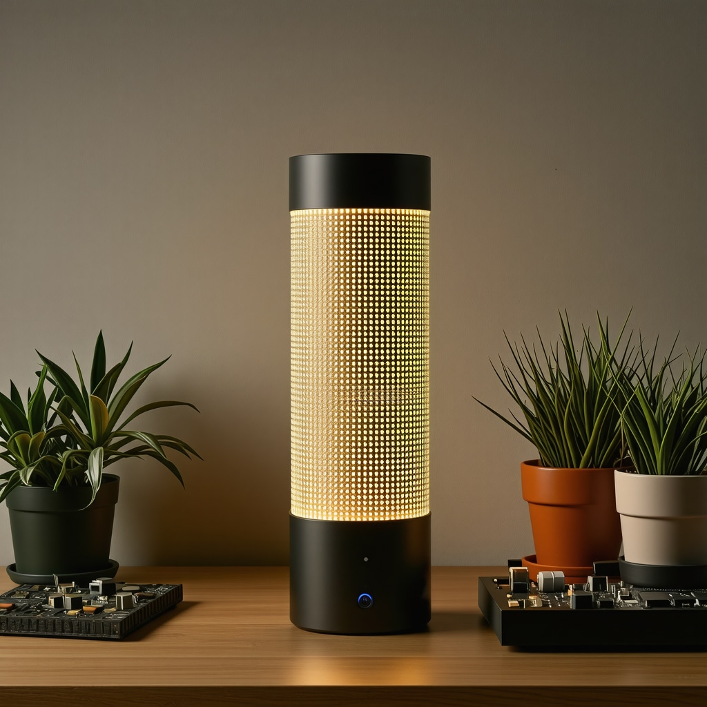 DIY smart lamp featuring sensors, thermal dissipators, and sustainable materials in a workshop