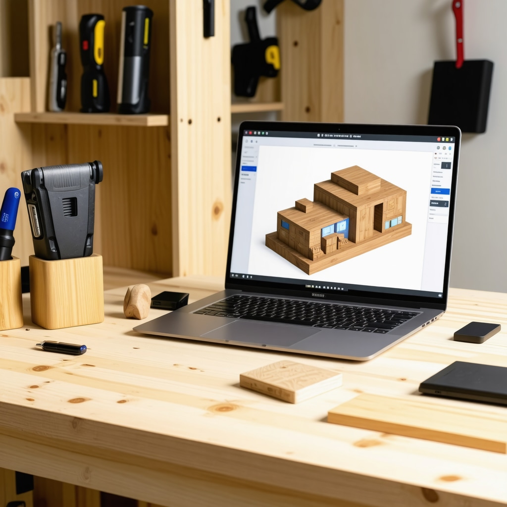 Digital 3D model on laptop screen beside woodworking tools and smart LED wooden shelf prototype