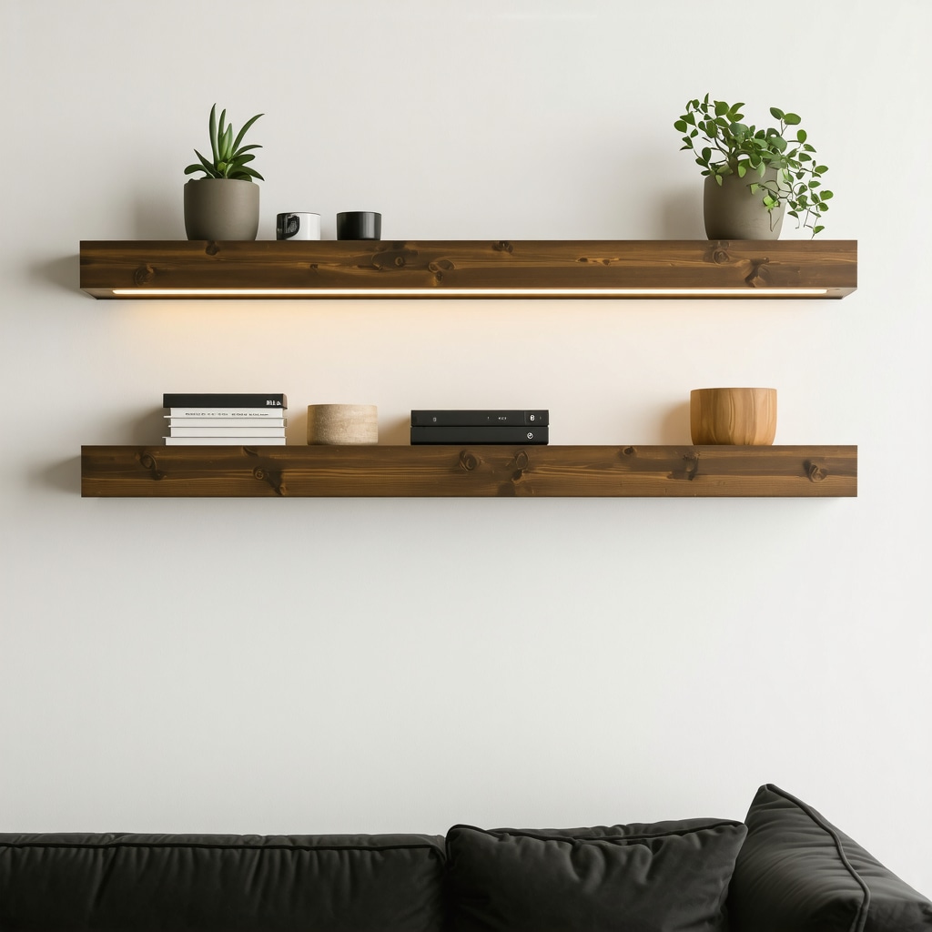 Modern wooden wall shelf combining wood and metal with integrated LED lights in a living room