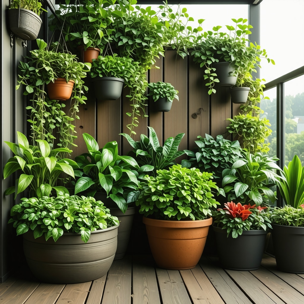 Balcon urbain aménagé avec un potager aromatique, mobilier en bois DIY, panneaux réfléchissants et système de récupération d'eau de pluie