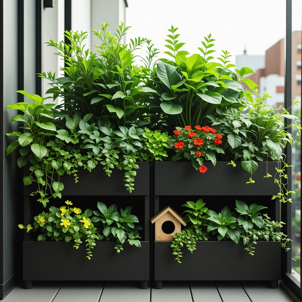 Jardin urbain moderne avec capteurs intelligents, irrigation goutte-à-goutte, fleurs mellifères et hôtel à insectes sur un balcon compact