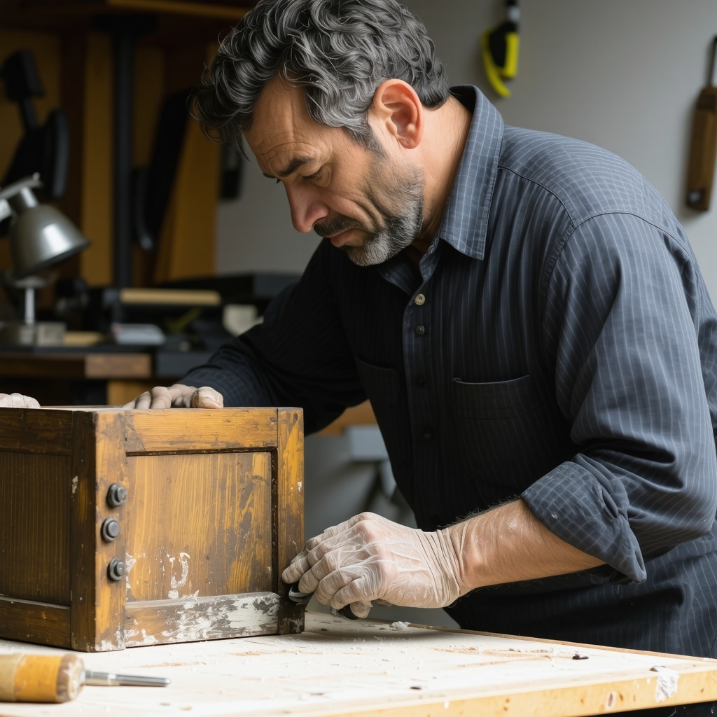 Craftsman carefully restoring antique wooden cabinet with eco-friendly chemical strippers and sanding tools