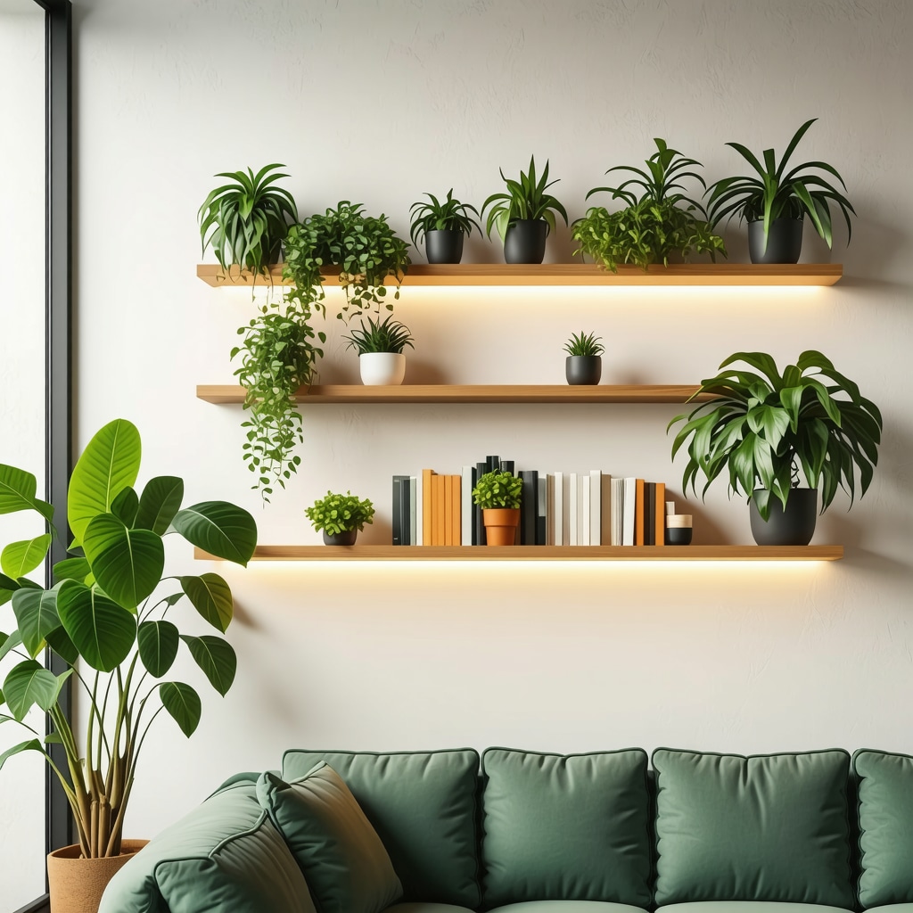 DIY wooden wall shelf with LED lighting and plants in modern living room